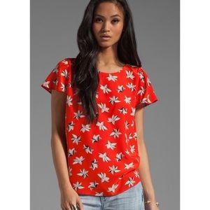 Joie 100% Silk Red Printed Short Sleeved Top